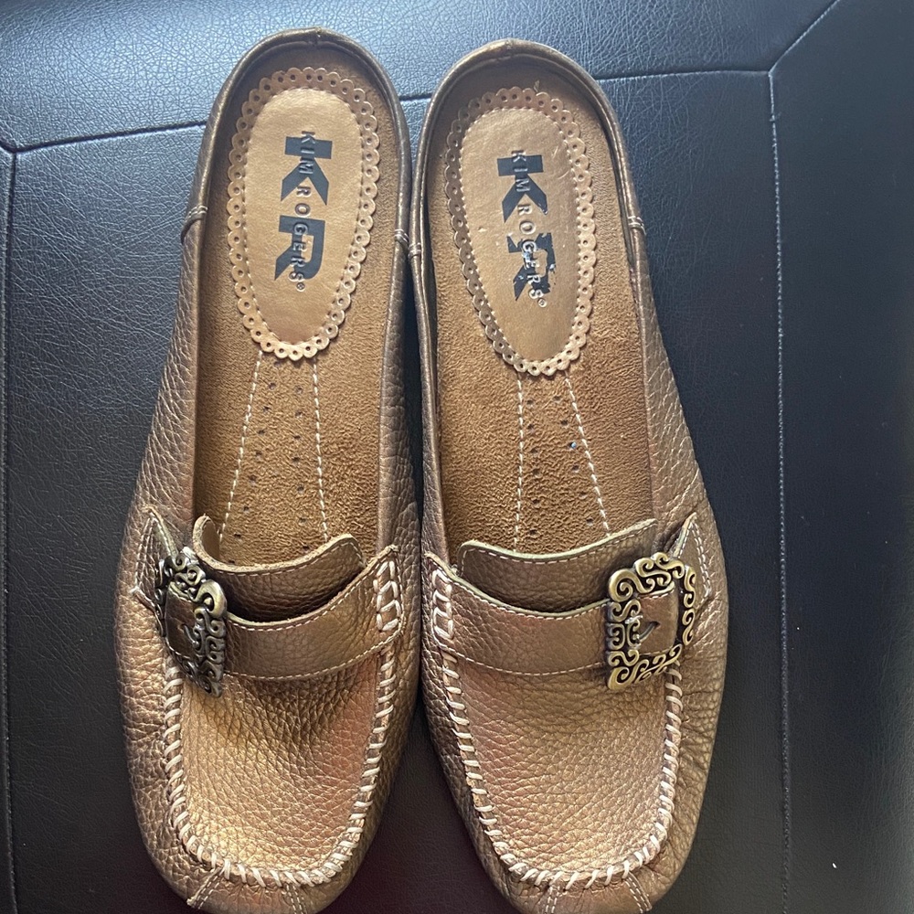 Kim Rogers Metallic Bronze Slip-On Mules with Decorative Buckles